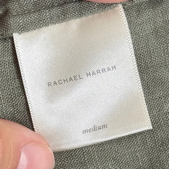 Rachael Harrah MEDIUM Olive Green 100% Linen Wrap Dress USA Made - Picture 7 of 9